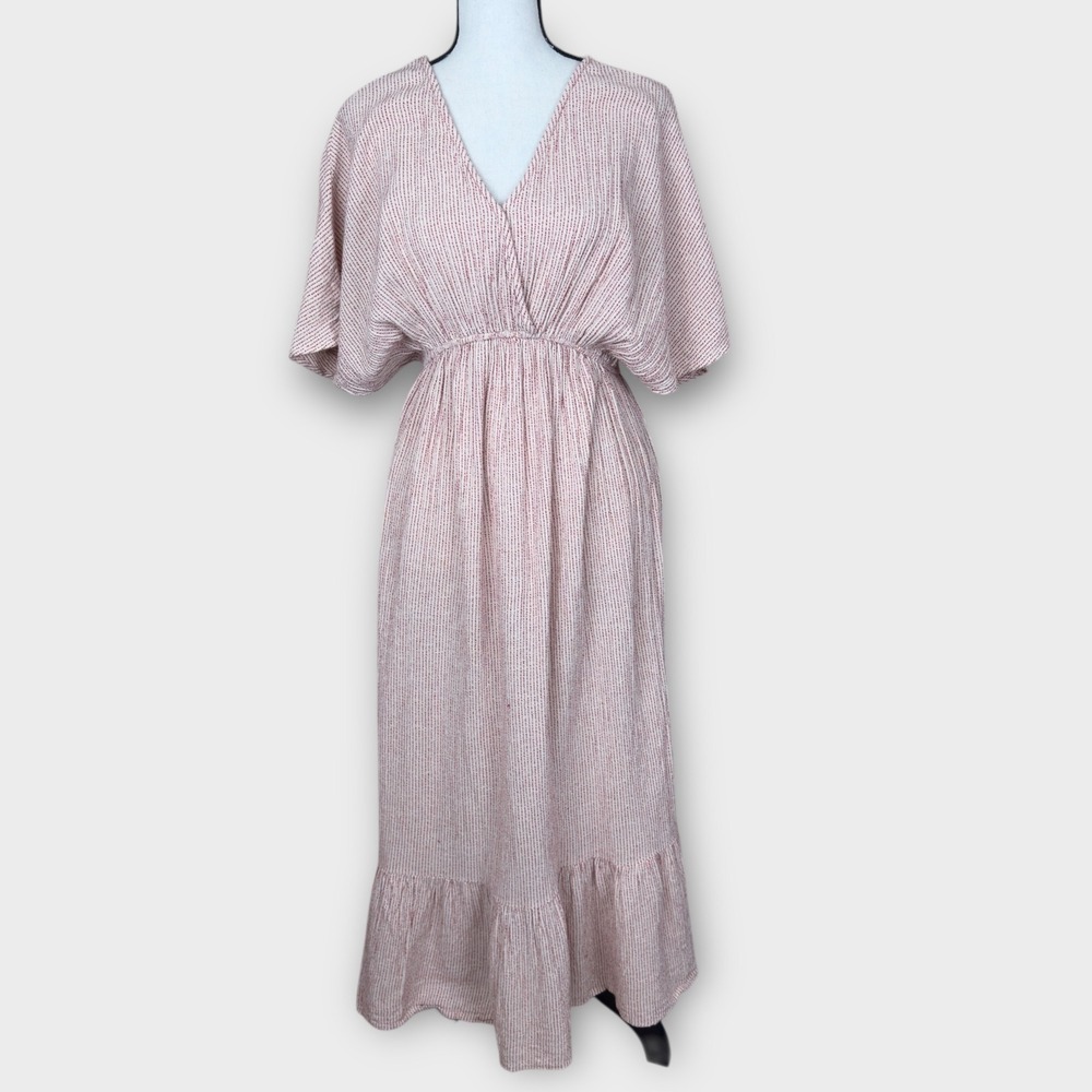 World Market‎ Maxi Dress Kimono Sleeves S/M Red White Striped Cotton Linen Boho